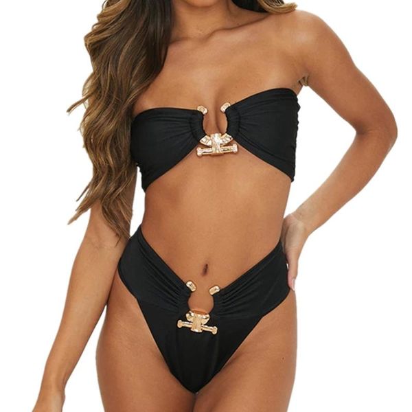 

2021 crystal diamond high waist bikini women bandeau swimsuit female swimwear two pieces bikini set rings bathing suit swim