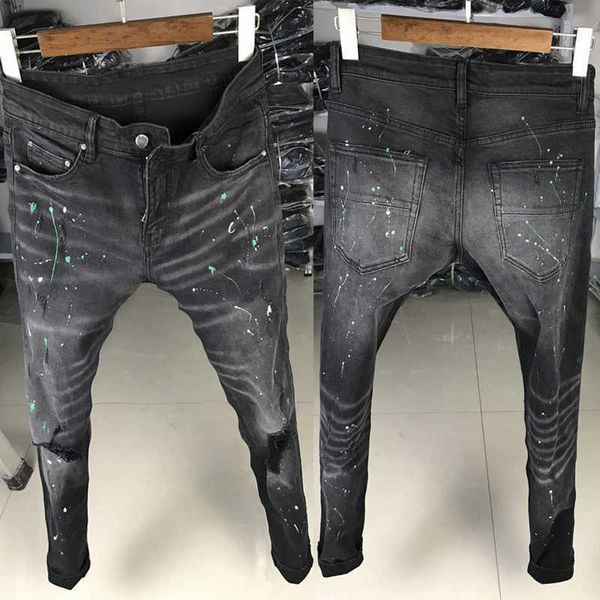 

men's black broken jeans, street clothes, american fashion, elastic, slim fit, designer pants, painting, hip hop, Blue
