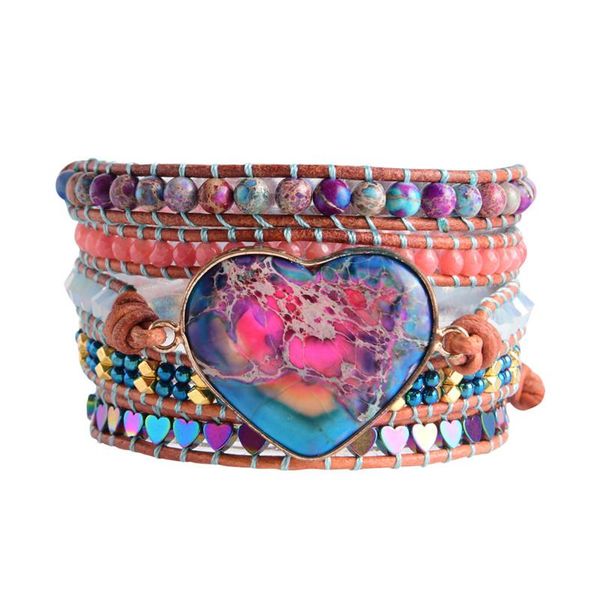 

tennis spiritual vintage leather wrap bracelets heart shape apatite stone 5 strands bracelet classic handmade jewelry, Golden;silver