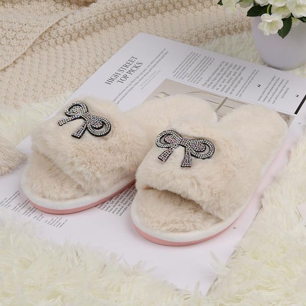 

slippers ginchasio women faux fur fluffy winter short plush crystal butterfly open toe fuzzy cozy bedroom home furry, Black