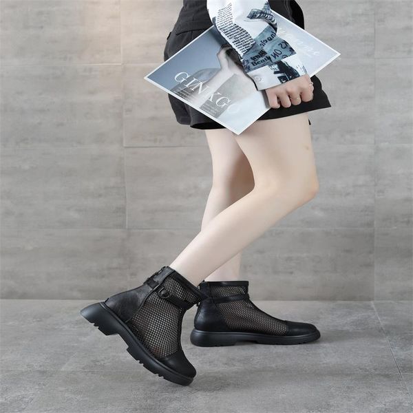 

boots 2021 women's summer leather breathable and hollow mesh, Black