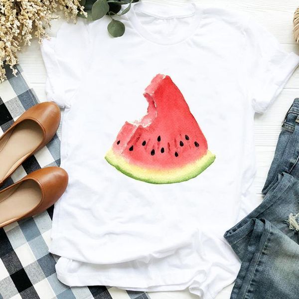 

women lady cartoon watercolor fruit sweet printing 90s print tshirt shirt clothes graphic female t tee womens t-shirt, White