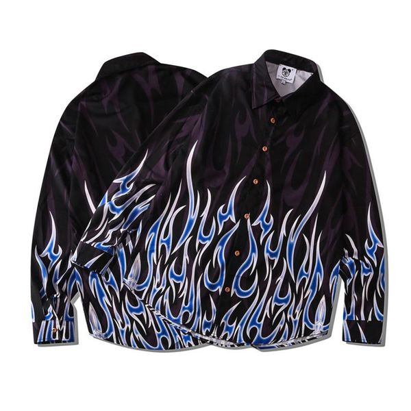 

men's casual shirts fashion mens harajuku blue fire flame print long sleeve beach hawaiian shirt for man streetwear hip hop button down, White;black