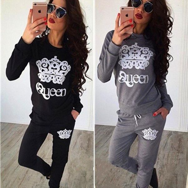 

winter two pieces set queen women tracksuits crown printed long sleeve bodycon jumpsuit, Gray