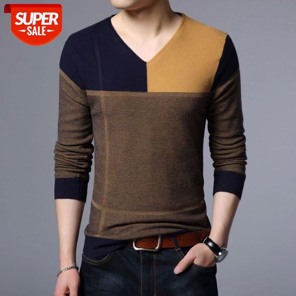 

new men pullover fashion v neck spring autumn slim fit knit patchwork striped male sweater casual jumpers outwear full sweater #zr8d, White;black