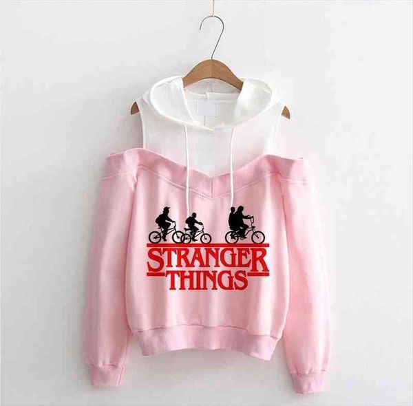 

stranger things off shoulder hoodie women stranger thing sweatshirts kawaii cotton oversized harajuku streetwear, Black