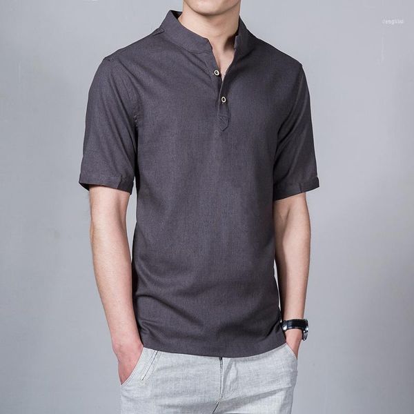 

2021 camiseta con cuello levantado para hombre de manga corta color sÃ³lido estilo chinocamisetas lino detalla grande 5x1, White;black
