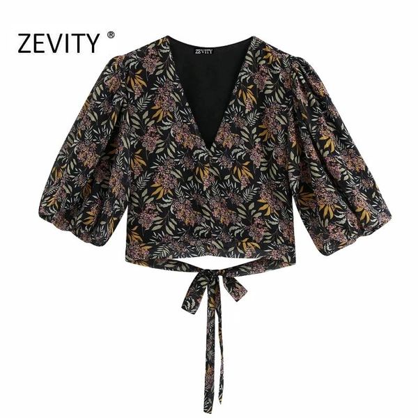 

zevity women vintage v neck flower print golden line short smock blouse shirt women chic hem bow tied casual chffion ls6972, White