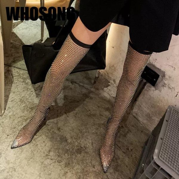 

dress shoes 2021 women knee high pumps girls rhinestone brand heels woman closed toe stiletto ladies female mesh, Black