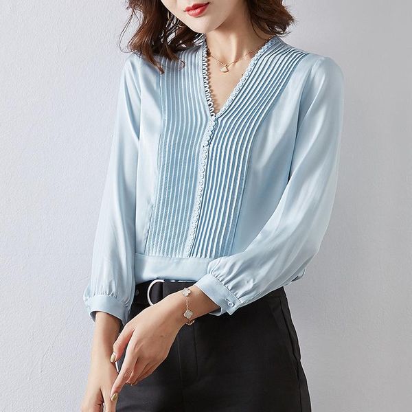 

women's blouses & shirts natural real silk women blue shirt elegant v-neck nine quarter sleeve buttons spring autumn office lady solid, White