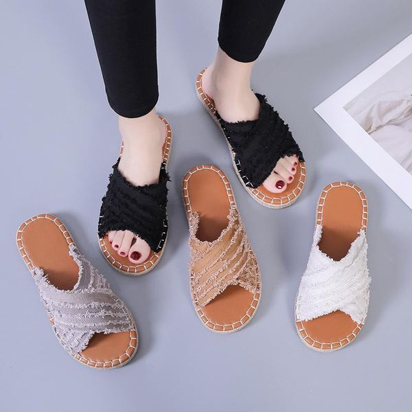 

slippers fringe low pu cotton fabric hoof heels basic rubber, Black