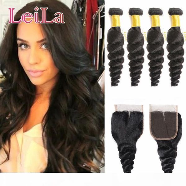 

malaysian loose wave 6inch-28inch 4 bundles with lace closure middle three part for full hair natural black color, Black;brown