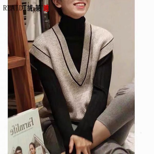 

rlaidi cashmere ledi 2021 autumn winter large v-neck wool sleevels vt knitted outerwear women's top, Black;white