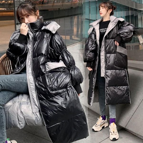 

women's vests mid-length long over the knee down jacket women 2021 style bright surface thickening loose fashion, Black;white