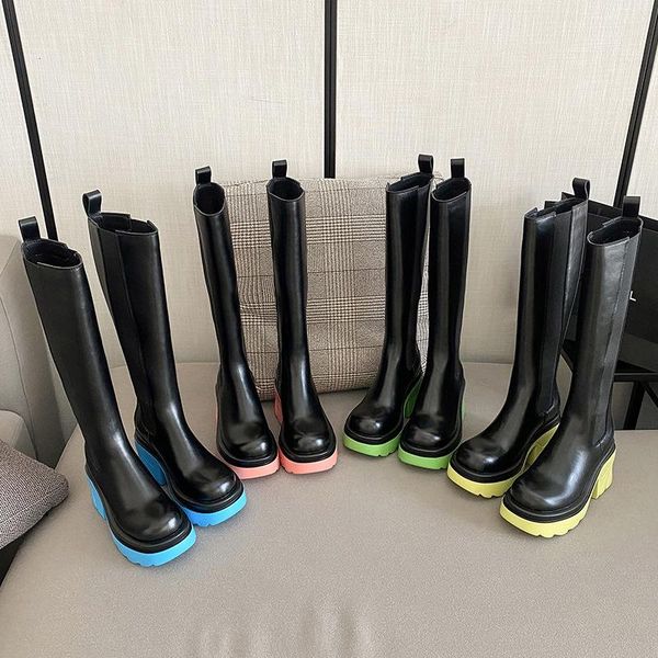 

boots candy color bottom thick heel tall women winter velvet fur warm long riding shoes female high, Black