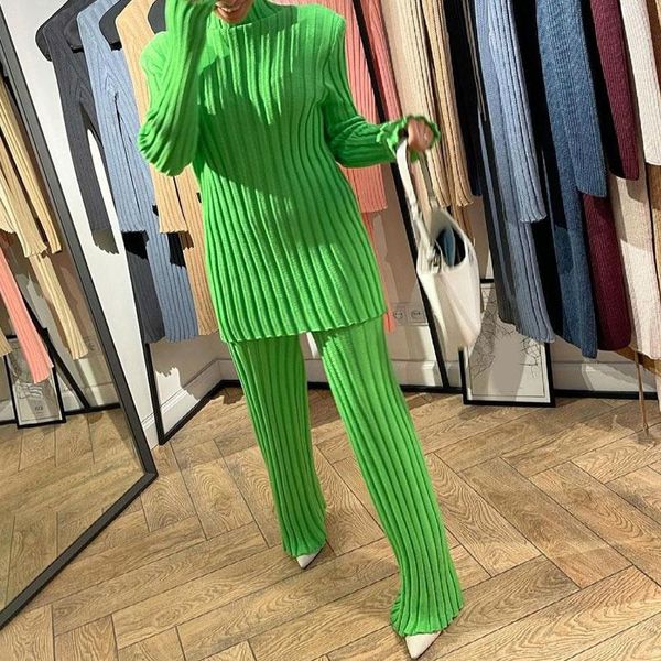 

women's two piece pants suit turtleneck long sleeve solid casual knitting sweater sets streetwear autumn winter female set, White
