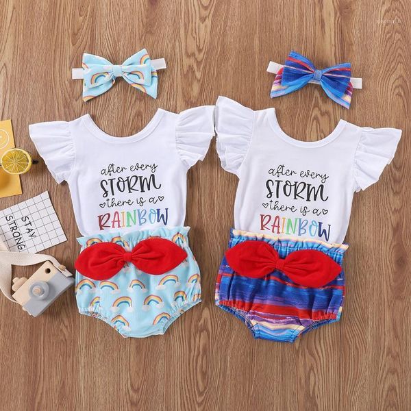 

clothing sets 2021 summer infant baby girls letter print romper bodysuit rainbow shorts headbands clothes outfits born, White