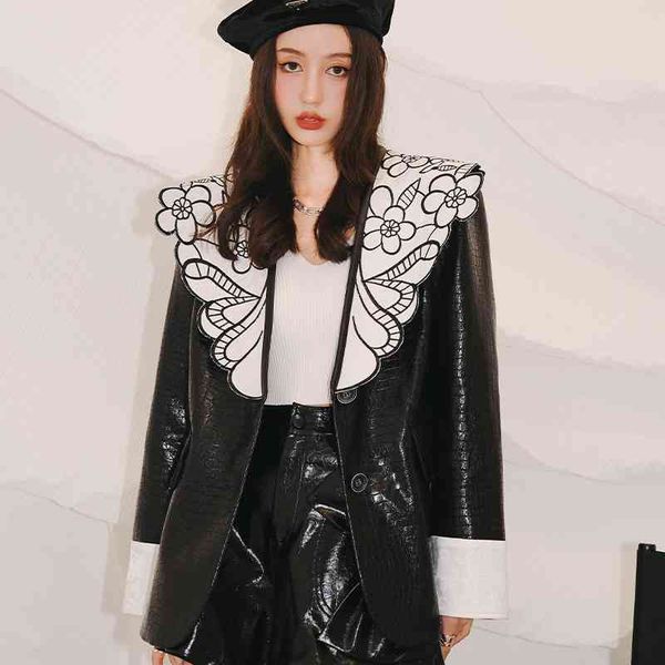 

s8957 fashion design boutique large lapel coat black motorcycle leather female