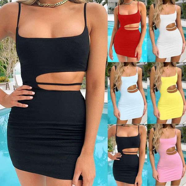 

casual dresses women spaghetti strap 2021 fashion backless sleeveless side hollow out mini sling sheath hip party dress, Black;gray