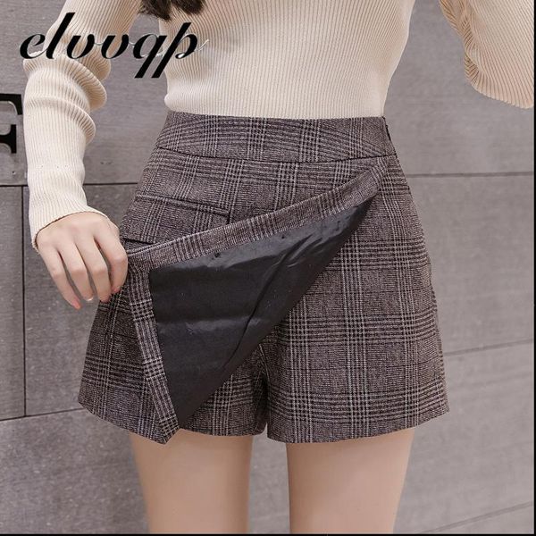 

autumn pocket woolen women skirts blend winter shorts fashion button plaid office work skirt retro mini, Black