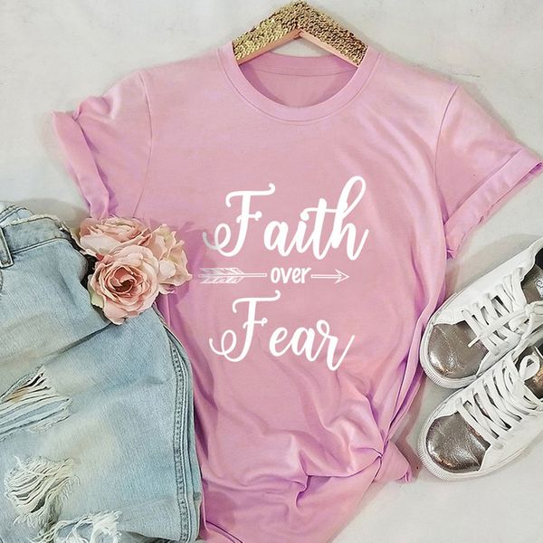 

women's t-shirt large size s-5xl faith over fear letter ladies 100% cotton o-neck short sleeve summer casual, White