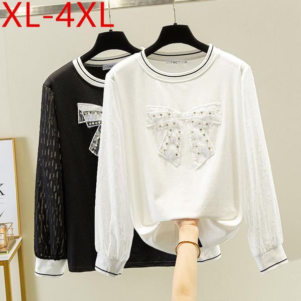 

plus size t-shirt missfansiqi spring autumn women o neck long sleeve beadig bow cotton large loose casual tees xl-4xl, Black