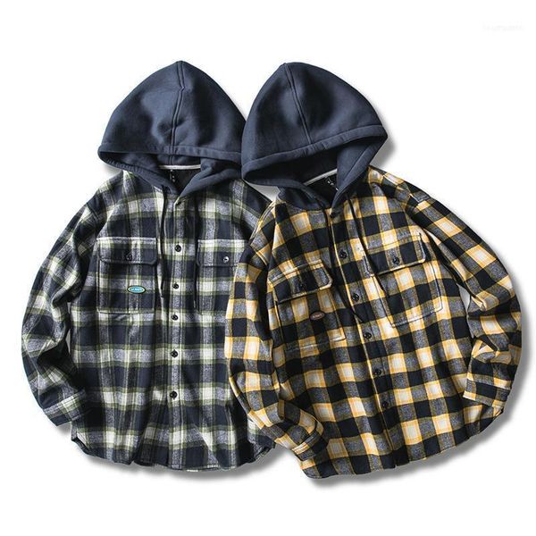 

men's casual shirts american ins thick plaid shirt male youth loose wild jacket hooded male1, White;black