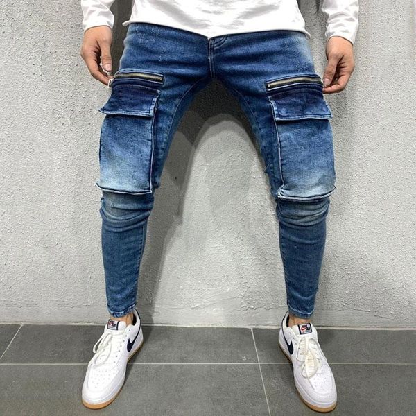 

men's skinny jeans blue black big pocket slim jeans fashion casual street hip-hop denim pants spring and autumn male clothing