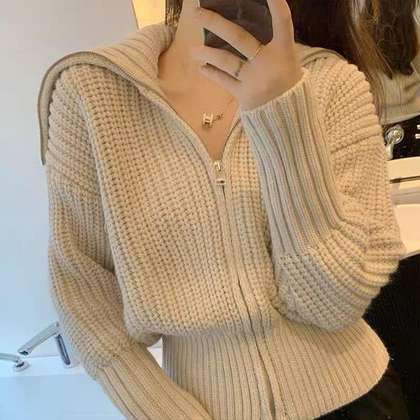 

women's knits & tees [ewq] chic fashion solid color knitted cardigan autumn 2021 lapel loose zipper puff sleeve sweater coat 5e2928, White