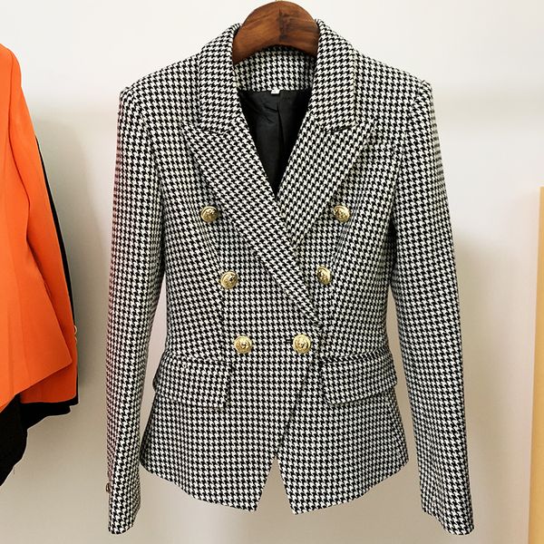 

new high street 2021 designer jacket women's lion buttons double breasted tweed houndstooth blazer ofoy, White;black