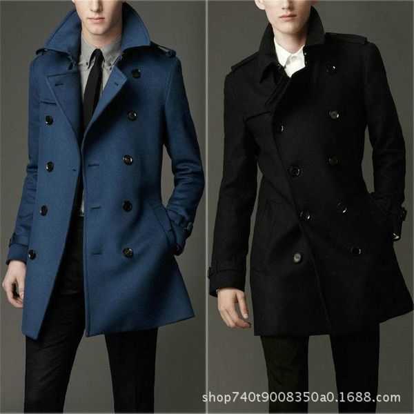 

men's double breasted woolen overcoat in autumn and winter, Black