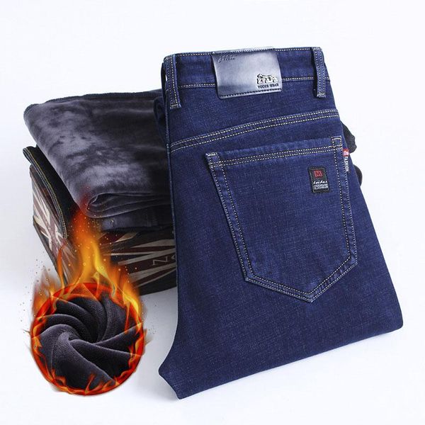 

men's jeans 2021 fashion men black blue fleece winter thick warm stretch slim denim pants large size male straight casual trousers