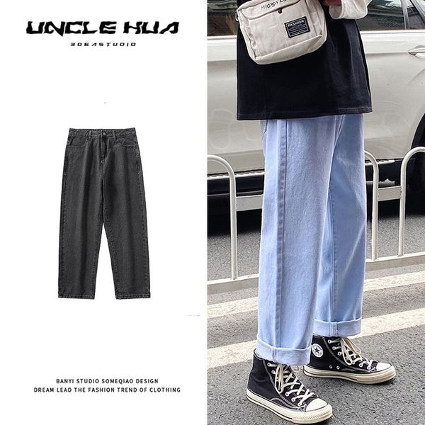 

men's jeans korean wide-leg fashion retro casual men streetwear loose hip-hop straight denim trousers mens -3xl 6lz1, Blue