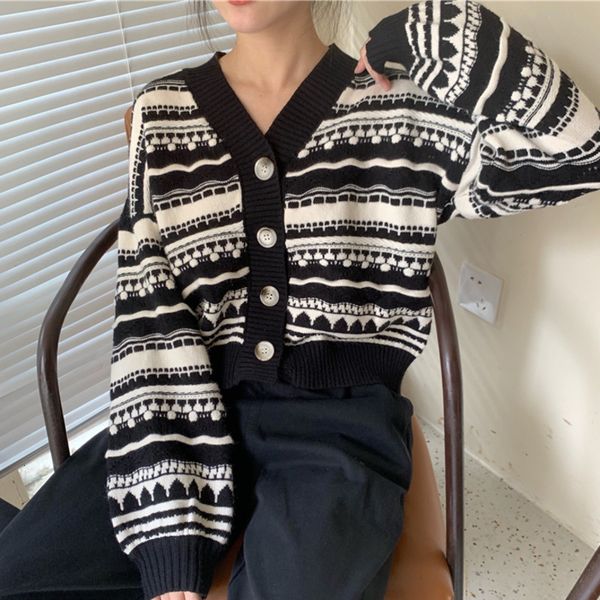

2021 new autumn winter striped crop women sweater knitted female korean casual knitwear cardigan outwear pull femme nxpa, White;black