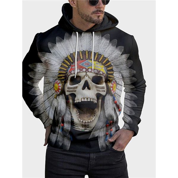 

halloween flame skull pattern men's 3d printed hoodie visual impact party punk goth round neck sweatshirt hoodie, Black