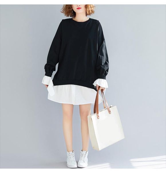 

women's hoodies & sweatshirts plus size women spring long sleeve lady pullover female loose solid black spliced pleated oversized lp49