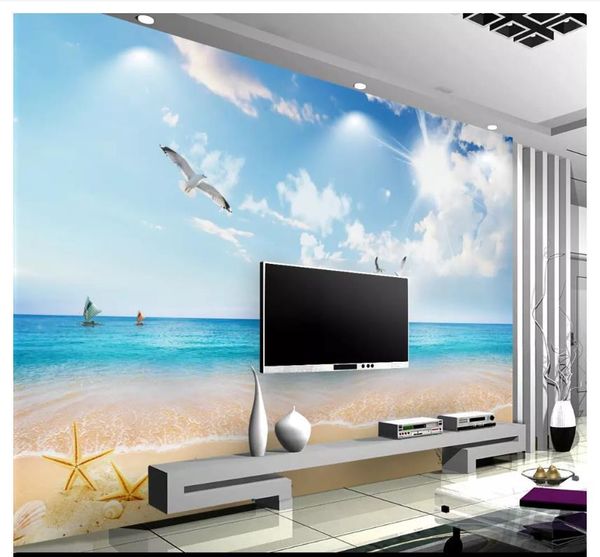 

wallpapers custom po wallpaper 3d for walls 3 d blue sky, white clouds, beach, seascape, tv background wall papers home decor