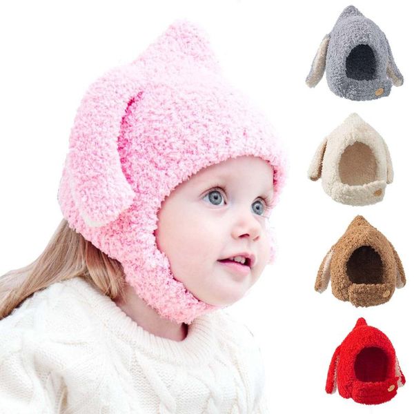 

caps & hats #35 toddler girl boy winter infant kids plus velvet cartoon solid color half earmuffs button warm 0-3years, Yellow