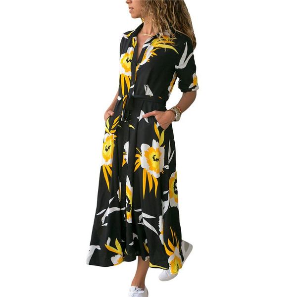 

casual dresses 2021 women maxi summer printed beach long sleeve spring a-line vintage bohemian ns8978, Black;gray