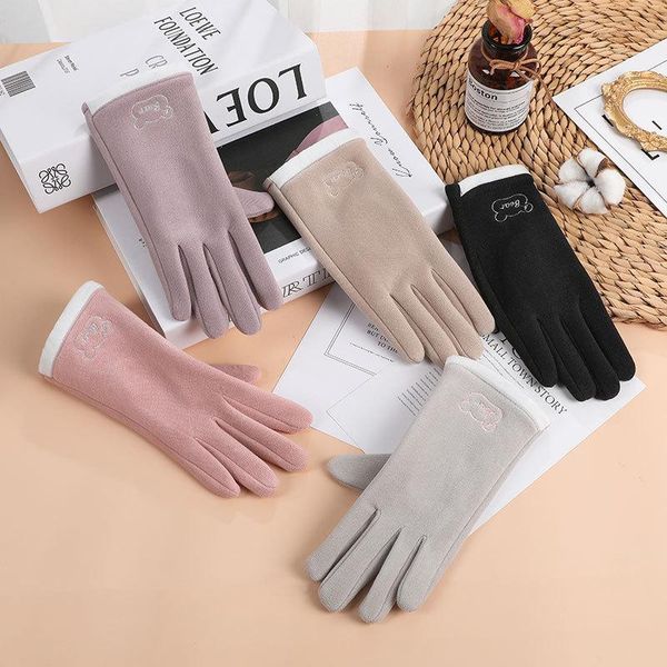 

five fingers gloves women winter plus velvet thicken not bloated keep warm touch screen cute lovely bear cartoon mittens cycling driving, Blue;gray