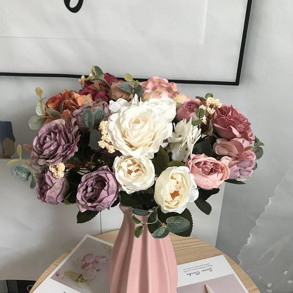 

decorative flowers & wreaths artificial rose pink silk peony bouquet 5 big head and 4 bud 30cm fake for home wedding decoration indoor