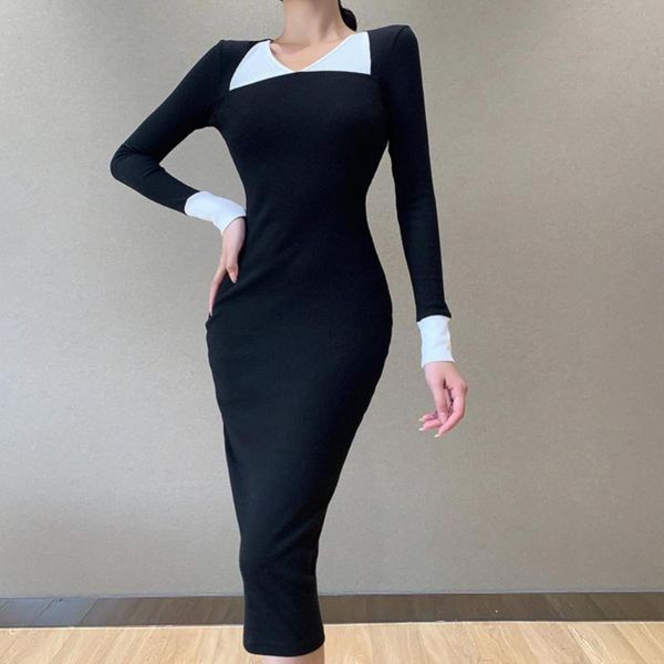 

casual dresses french long slim dress stylish women autumn v neck sleeve color block bodycon party midi for ladies, Black;gray