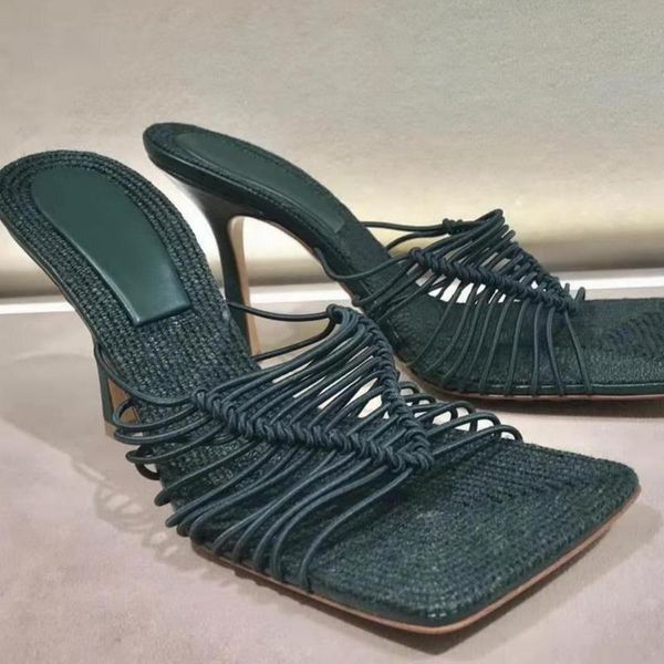 

runway strappy mules high heel slippers shoes women's straw braid sole summer brand vacation shoes, Black
