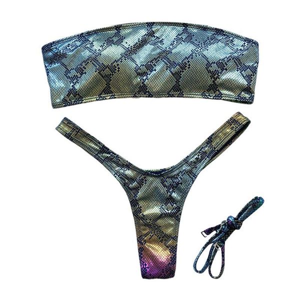 

women bikini set metallic rainbow snakeskin swimsuit bandeau bathing suit y4ub