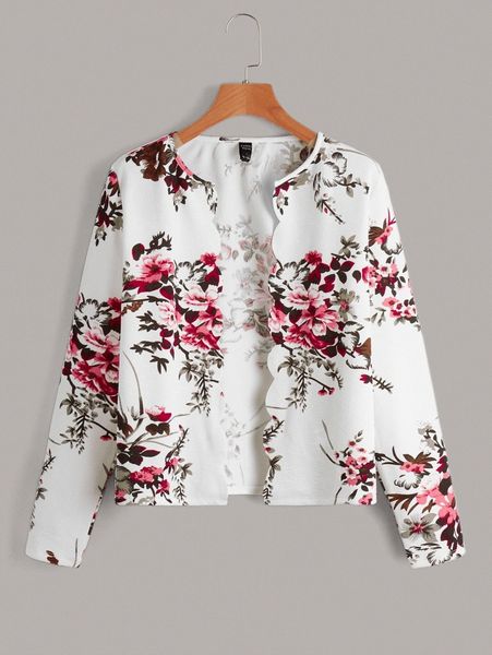 

emery rose floral print scallop trim jacket n7at#, Black;brown