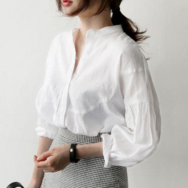 

women's blouses & shirts 2021 cotton linen lantern sleeve white shirt women three quarter loose blouse womens and office lady