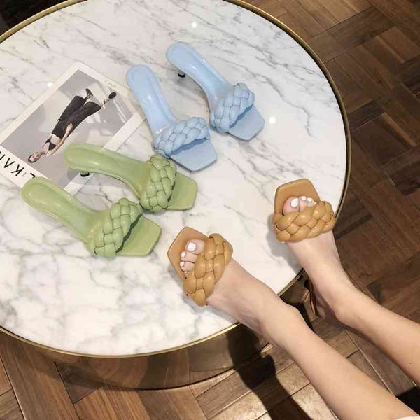 

slippers summer fashion weave women solid square toe outdoor beach female mules high heels ladies slides sandals fc0x, Black