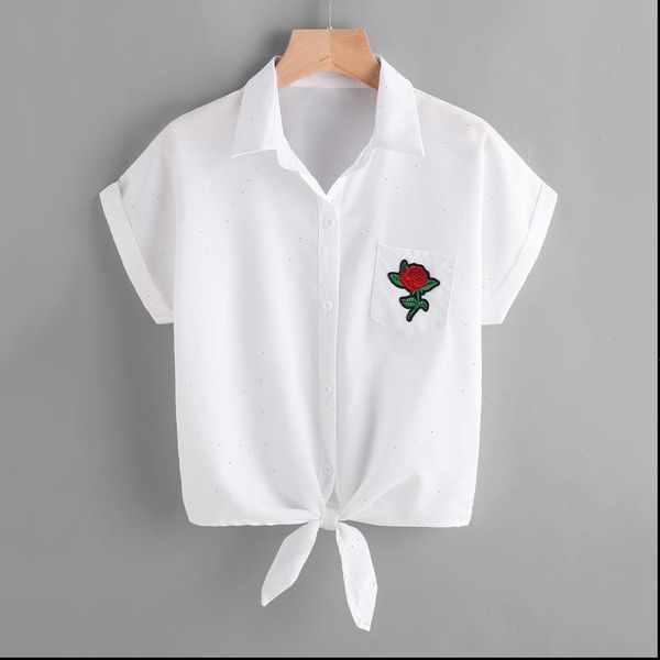 

summer short lady blouse shirts fashion floral embroidery women shirt solid casual female short sleeve shirt, White