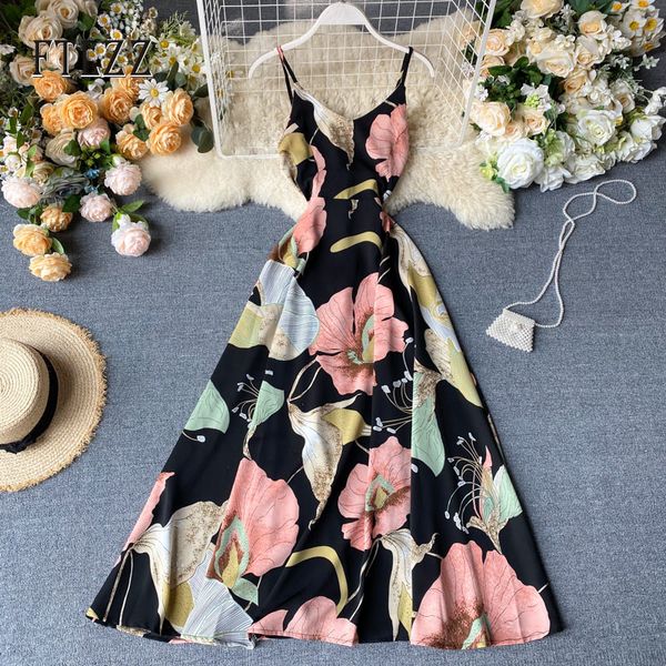 

2021 women vintage floral print summer spaghetti strap v-neck backless bandage es ladies boho beach robe ixvg, Black;gray