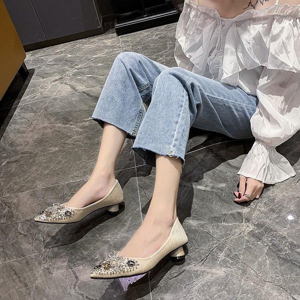

dress shoes 2021 spring rhinestone all-match scoop shallow mouth bow bride wedding thick high heels party women, Black